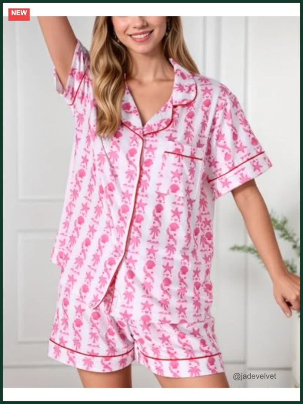 Women's Pajama Set with Palm Print Short Sleeve Top & Shorts Summer Sleepwear
